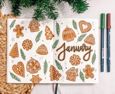 December Bujo Theme, January Bujo Theme, December Journal Ideas, January Cover Page, December Bujo, Doodle Practice, Bujo Themes, Bullet Journal Weekly Layout, December Bullet Journal