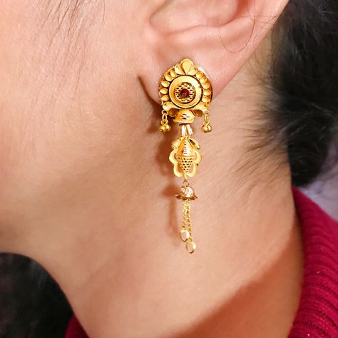 "Please contact us for any discounts or offers that are available on this item.  We take absolute care of precious jewels are packed well so that there is no damage to the product.  Your item will arrive in an elegant box, ideal for gifting to someone special. The weight of this earring in 18 KARAT SOLID YELLOW GOLD - 6.590 Grams Approximately Handling Time: We take handling time of 10 Business Days from the date of receipt of the payment after receiving cleared payment. Please check our designs Gold Tops Earrings Indian, 3 Grams Gold Earrings Indian, Ear Rings For Women, Tops Earrings, Hanuman Tattoo, Ella Eyre, Small Earrings Gold, Gold Tops, Gold Jhumka Earrings