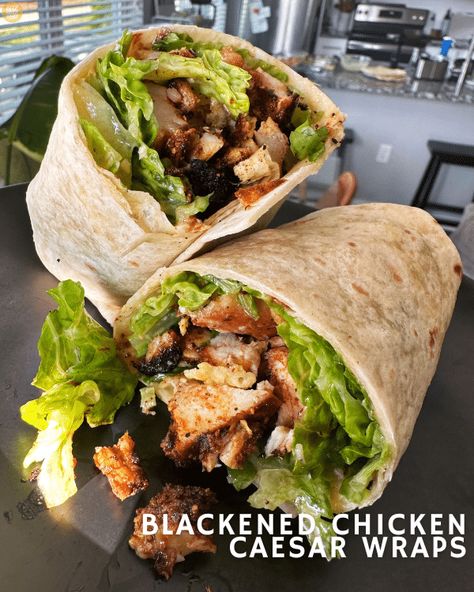 Blackened Chicken Caesar Wraps Healthy Chicken Caesar Salad Wrap, Cajun Chicken Ceaser Wraps, Blackened Chicken Wrap Recipe, High Protein Chicken Caesar Wrap, Grilled Chicken Ceaser Wraps, Blackened Chicken Meals, Blackened Chicken Dinner Ideas, Blackened Chicken Caesar Salad, Blackened Chicken Wrap