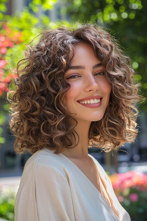 Discover the magic of shoulder length curly hairstyles that exude charm and elegance! This delightful look features bouncy, well-defined curls that frame the face beautifully, creating a soft and romantic vibe. Perfect for any occasion, these curly hairstyles are versatile and easy to style, allowing you to embrace your natural texture while showcasing your personality. Don't miss out—unleash your hair's potential! #curlyhairstyles Short Curly Haircuts Long Face, Curly Hair Parted To The Side, Natural Texture Hair, Curly Hair On Round Face, Curly Cut Shoulder Length, Curly Hair Business Professional, Curly Caramel Balayage, Elegant Shoulder Length Hairstyles, Shoulder Length Haircut Curly