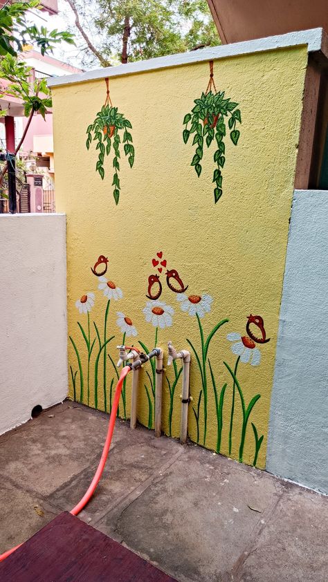 Painting Ideas For Garden Walls, Painting For Garden Walls, Balcony Wall Painting Ideas Creative, Small Wall Painting Ideas Creative, Wall Painting For Garden, Garden Wall Art Ideas, Drawing On Bedroom Wall, Painting On Wall Ideas Creative, Outdoor Garden Wall Painting Ideas