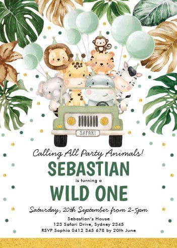 Tropical Safari Wild One Jungle Animals Birthday Invitation. 1st birthday invitations | 1st birthday invitation template | 1st birthday invitation card | 1st birthday invitation template boy | 1st birthday invitation template girl | first birthday invitations | #1stbirthdayinvitations | #1stbirthdayinvitationtemplate | #1stbirthdayinvitationcard | #1stbirthdayinvitationtemplateboy | #1stbirthdayinvitationtemplategirl | #firstbirthdayinvitations | Tropical Safari, Safari Invitations, 1st Birthday Invitation Template, Wild One Birthday Invitations, Animal Birthday Invitation, Animal Baby Shower Invitations, 1st Birthday Party Invitations, Boho Baby Shower Invitations, Woodland Baby Shower Invitations