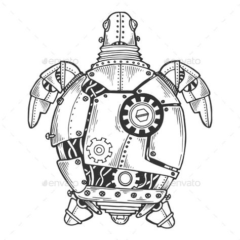 Mechanical Turtle Animal Engraving Vector Mechanical Animals Drawing, Steam Punk Animals, Mechanical Gears Drawing, Mechanical Style Art, Steampunk Drawing Ideas, Steampunk Animals Drawing, Mechanical Art Drawing, Steampunk Turtle, Steampunk Art Drawing