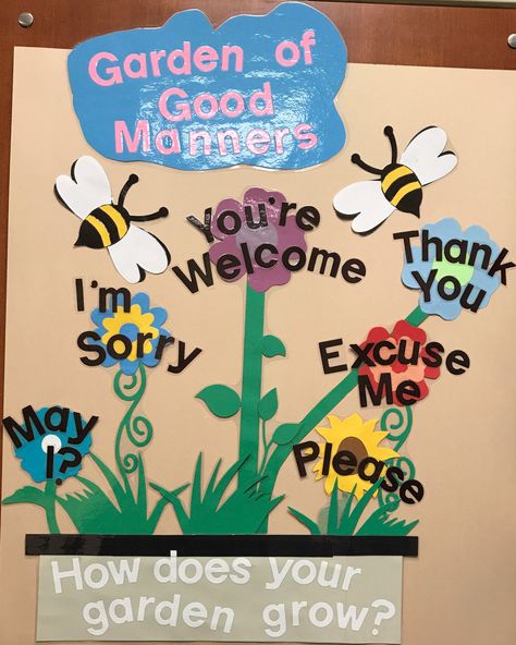 Good Manners Kindergarten, Garden Of Good Manners Bulletin Board, Garden Of Good Manners Craft, Good Manners Bulletin Board Ideas, Manners Arts And Crafts, Manners Bulletin Board Ideas, Preschool Manners Crafts, Manners Preschool Activities, Manners Crafts For Toddlers