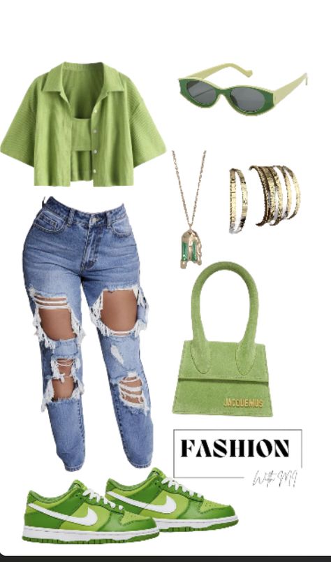 Team Colors Outfits, 2024 Outfit Inspo Women, Thick Outfits For Women, Cute Swag Outfits Summer, Green Outfits Black Women, Graduation Attendee Outfit, Green Dunks Outfit, Outfit Idea Black Women, Women Dunks