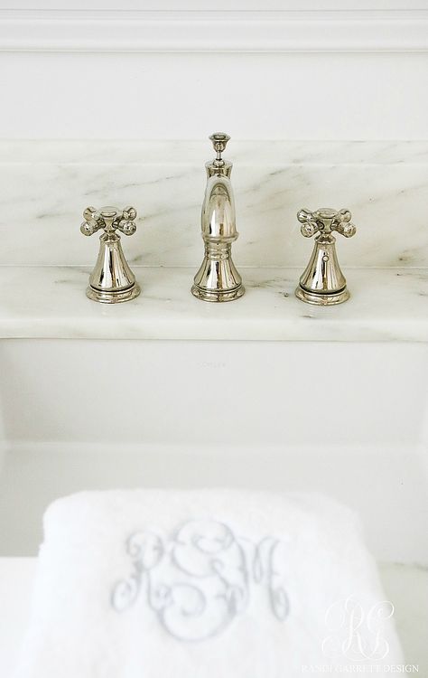 Glam Transitional Guest Bathroom Reveal - with Marble Silver and Brass Guest Bathroom Silver Hardware, Silver Hardware Bathroom, Marble Bathroom With Chrome Fixtures, Polished Nickel Faucet Bathroom, Transitional Guest Bathroom, Delta Faucets Bathroom Polished Nickel, Delta Polished Nickel Bathroom Faucet, Bathroom Decoration Diy, Bathroom Remodel Plans