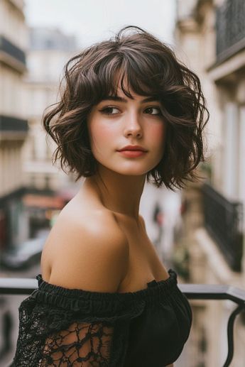 Romantic Dark Chocolate French Bob, French bob haircut, parisian bob haircut, french bob hairstyle with bangs Tousled French Bob, Short Wavy Bob Hairstyles With Bangs, Italian Bob With Bangs, Italian Bob Haircut With Bangs, French Bangs Short Hair, Wavy French Bob, Short Wavy Bob With Bangs, Curly French Bob, Pixie Shag Haircut