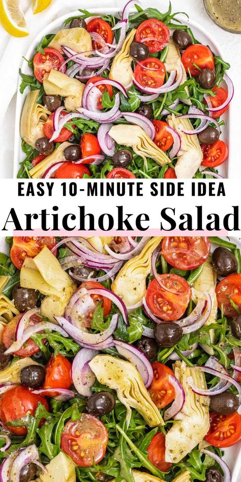 This bright, fresh, Italian-inspired artichoke salad is a gorgeous sidedish or healthy meal idea where green leaves, tomatoes, artichkoes, and olives marry a tasty Italian dressing.It takes 15 minutes to make, and it's perfect for meal prep, putlocks, and as a lunch box idea. Plus, you can add beans or pasta to turn it into a fulfilling meal! Mediterranean Recipes Healthy, Artichoke Salad, Mediterranean Diet Recipes Dinners, Easy Mediterranean Diet Recipes, Fresh Salad Recipes, Artichoke Recipes, Best Salad Recipes, Salad Side Dishes, Mediterranean Diet Recipes