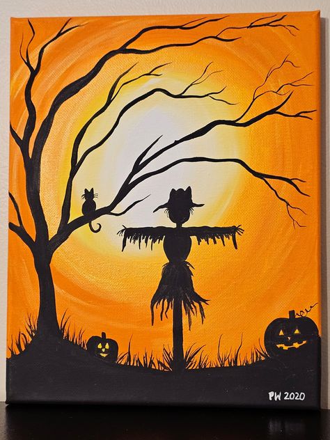 "\"Transform your space with the enchanting allure of our Scarecrow and Pumpkin Patch masterpiece! This stunning painting captures the essence of autumn, featuring a rustic scarecrow standing guard amidst a golden field of pumpkins. A majestic tree, adorned with vibrant leaves, provides the perfect backdrop, and a mischievous cat perched on a branch adds a touch of whimsy. Elevate your home decor with the warmth and charm of this seasonal artwork - a true celebration of fall's beauty.\" *cross listed*" Fall Silhouette Art, Halloween Painting For Beginners, Halloween Canvas Paintings Step By Step, How To Paint A Fall Tree, Easy Paintings For Halloween, How To Paint A Scarecrow, Autumn Painting Ideas On Canvas, Fall Scene Painting, Easy Thanksgiving Paintings