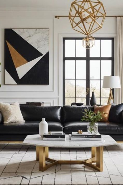 Modern living room with black leather sofa, geometric artwork, and gold accents. Black White Cognac Living Room, Black White And Cognac Living Room, White And Tan Living Room, Tan Living Room Ideas, Contrast Bedroom, Living Room 2 Sofas, Modern Chic Living Room, Living Room Decor Black, Ensuite Bathroom Designs