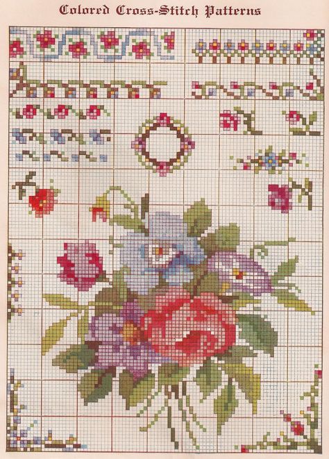 Sentimental Baby: Free Vintage Colored Cross Stitch Pattern Cross Stitch Borders Corner, Flower Chart, Floral Cross Stitch Pattern, Vintage Cross Stitch Pattern, Cross Stitch Heart, Cross Stitch Borders, Afghan Patterns, Vintage Cross Stitches, Floral Cross Stitch