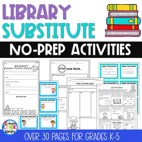 School Library - Substitute Lessons and Activities Library Lesson Plans Elementary, Fun Library Activities, Library Lessons Elementary, Kindergarten Library, Elementary Librarian, Library Lesson Plans, Activities For Students, Prep Worksheets, Elementary Lesson Plans