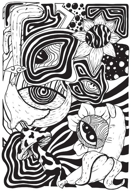 A black and white drawing of a cat and a... | Premium Vector #Freepik #vector #lsd #sketch #psychedelic-art #hand-drawn-sketch Lsd Drawings, Skateboard Ideas, Drawing Of A Cat, Lsd Art, Battery Acid, Contrast Art, Poster 3d, Line Doodles, Eye Eye