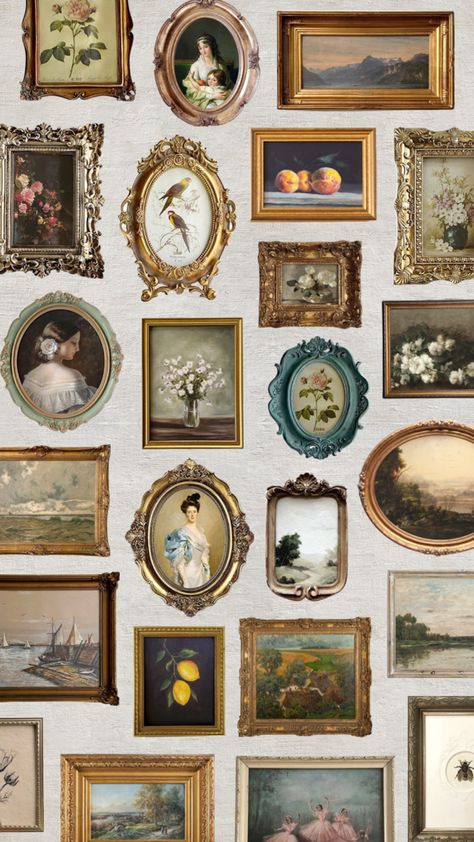 Gallery Wall Background, Collages Background, Gallery Wall Wallpaper, Painting Collage Wall, Wallpaper Bedroom Vintage, Vintage Collage Wall, Collage Lockscreen, Frames Wallpaper, Dark Academia Prints