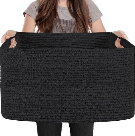 Amazon.com: MEGASKET Extra Large Rectangle Storage Basket, 23.6" x 15.7" x 14.1" Black Blanket Basket Storage for Living Room, Large Soft Woven Cotton Rope Basket, Kids Toy Baskets Organizer Bins, Wicker Basket : Baby Girls Hangout, Toy Baskets, Hangout Ideas, Black Bin, Basket Kids, Storage For Living Room, Cotton Rope Basket, Rope Storage, Baskets For Shelves