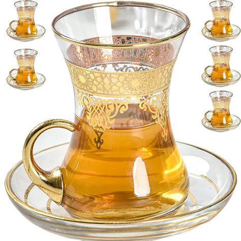 PRICES MAY VARY. ✅ SIZE AND CONTENT: Turkish tea cups set of 6 comes with arabic decors including 6 saucers Glass tea cups set consists of 6 cups and 6 saucers 12 pieces in total One cup holds 4.5 oz-135 ml Turkish tea set gold glasses cups saucers teacups are easy to hold with handle for serving decorative vintage afternoon party tea pot teapots Glass tea cups and saucers set is the best for serving drinking party women adults birthday wedding gift Arabic turkish tea glasses cups and saucers se Turkish Tea Cups, Persian Kitchen, Moroccan Tea, Gift Tray, Coffee Decor Kitchen, Drinking Gift, Moroccan Art, Turkish Tea, Tea Glasses