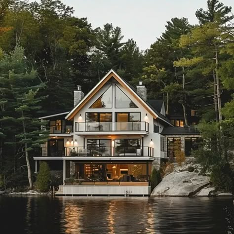 My Images Three Story Lake House, Two Story Lake House, Lake Homes Exterior, Lake Side House, Modern Lake House Exterior, House Built Into Hill, Lakehouse Aesthetic, Houses In Washington, Small Lake House