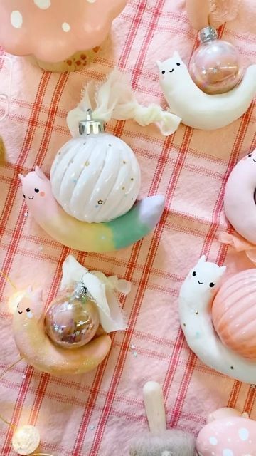 Diy Clay Mushroom Ornaments, Cute Handmade Ornaments, Peg Doll Ornaments Diy, Unique Diy Ornaments Christmas, Oven Baked Clay Ideas, Yeti Craft, Amanda Escoe, Diy Clay Christmas Ornaments, Handmade Ornaments Diy