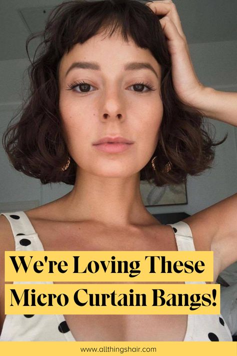 girl with short black bob and micro curtain bangs wearing a polka dot top Curtain Micro Bangs, Microbangs Shag, How To Style Micro Bangs, How To Cut Micro Bangs, Baby Bangs Wavy Hair, Bob Micro Bangs, Short Hair Micro Bangs, Micro Bangs Bob, Mini Curtain Bangs