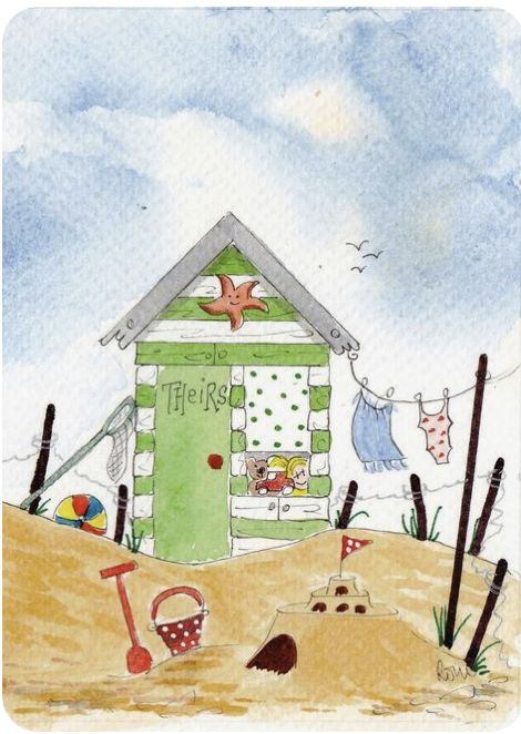 Beach Huts Art, Whimsical Art Paintings, Beach Quilt, Beach Huts, Cottage Art, Happy Paintings, Watercolour Art, Beach Hut, Naive Art