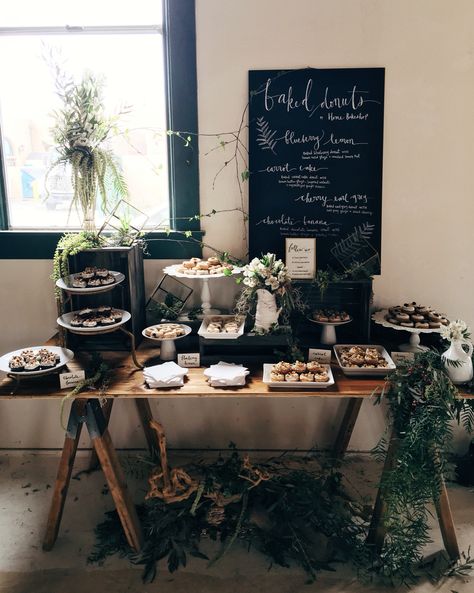 Cake Booth Display Ideas, Dessert Booth, Dessert Display Table, Desert Display, Donut Bar Wedding, Rustic Dessert Table, Table Swag, Dessert Display Wedding, Sage Green Wedding Colors