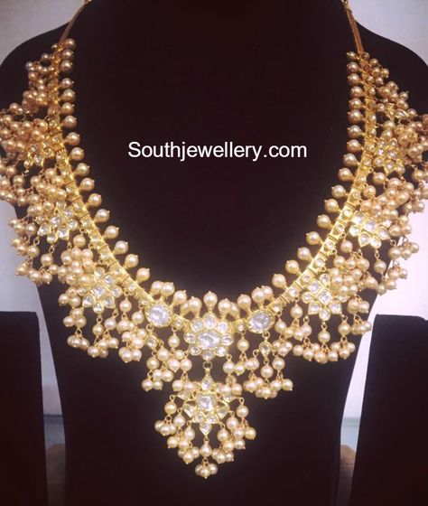 Elegant South Sea Pearls Guttapusalu Necklace photo Uncut Haram, Pusala Haram, Guttapusalu Necklace, Desi Jewellery, Gold Stone Necklace, Indian Choker Necklace, Necklace Photo, Gold Bridal Necklace, Buy Gold Jewelry