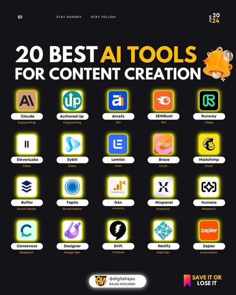 RAJAS | AI | TECH | Content & Video Marketing | | BEST FREE TOOLS FOR REELS😍😲😱 💛 Click SAVE if the post is valuable for you😉 💛FOLLOW @digitalrajas for frequent value about Insta… | Instagram Machine Learning Deep Learning, Instagram Tools, Content Creation Tools, Social Media Management Tools, Research Images, Social Media Analytics, Business Marketing Plan, Learning Websites, Learning Strategies