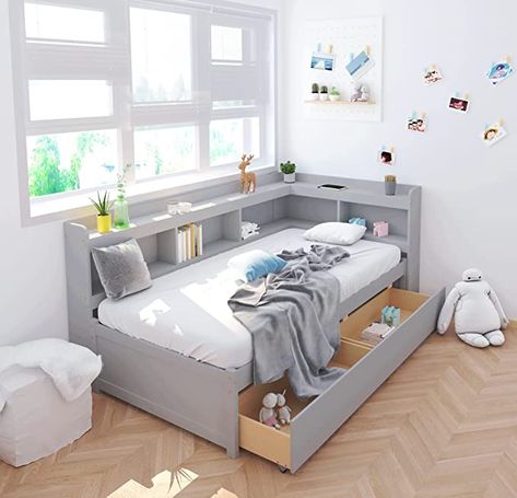 Small Room Kids Bed, Twin Bookcase Bed, Shelving Around Bed Kids, Twin Bed With Bookcase Headboard, Platform Bed With Shelves, Full Size Bed Frame With Storage, Girl Bed Frame, Twin Size Bed Ideas, Captain Beds With Storage