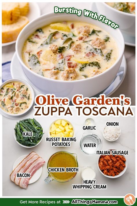 bowl of Olive Garden Zuppa Toscana Soup. ingredients to make Olive Garden Zuppa Toscana Soup. Olive Garden Zuppa Toscana Soup, Olive Garden Zuppa, Olive Garden Zuppa Toscana, Toscana Recipe, Soup Homemade, Zuppa Toscana Soup, Toscana Soup, Comfort Soup Recipes, Homemade Soup Recipe