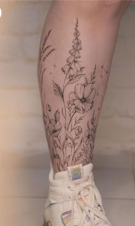 Flowers Tattoos For Women Leg, Flower Sleeve Tattoo Leg, Flower Tattoo Designs Leg, Simplistic Plant Tattoo, Cottagecore Leg Tattoo, Wild Flower Field Tattoo, Flower Boot Tattoo, Path Work Tattoo, Garden Leg Sleeve Tattoo