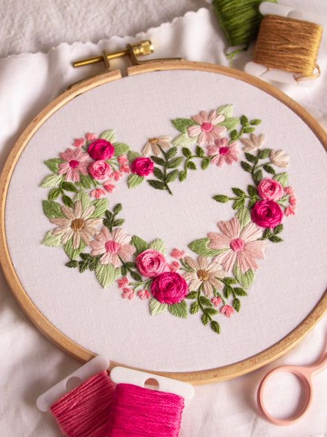 Heart of Blooms Valentines Embroidery Pattern Flower Heart Embroidery, Floral Heart Embroidery Pattern, Etsy Embroidery Patterns, Unique Embroidery Designs Ideas, February Embroidery, Hand Embroidery Flowers Pattern, Embroidery Rose Pattern, Heart Embroidery Patterns, Baby Embroidery Patterns