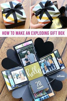 unieke inpak idee door verschillende open geknipte doosjes in elkaar te zetten en daar in verschillende verassingen. zeer creatief!! Explosion Box Tutorial, Exploding Gift Box, Diy Gifts For Girlfriend, Photo Gifts Diy, Diy Gifts For Dad, Diy Gifts For Him, Diy Gifts For Friends, Exploding Boxes, Box Diy