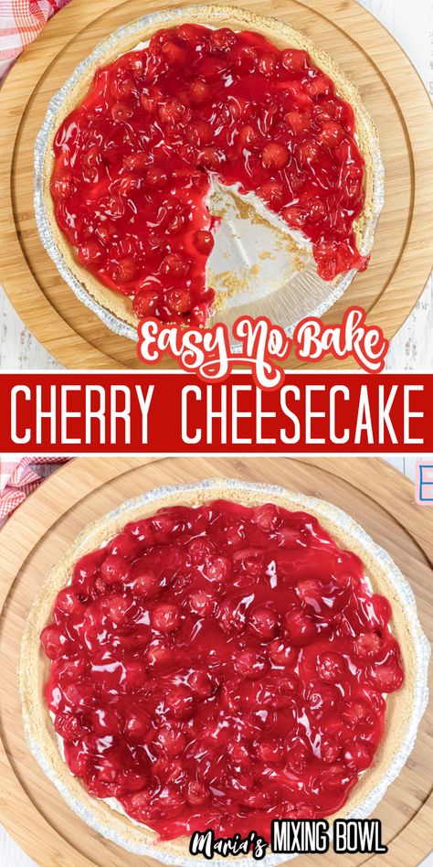 This Easy No-Bake Cherry Cheesecake gives us all the rich cheesecake and sweet cherry flavors we love in classic cheesecake, but it does it with zero baking! Cherry Cheesecake Pie No Bake, How To Make Cherry Cheesecake, Classic Cherry Cheesecake, No Bake Cherry Cheesecake With Sweetened Condensed Milk, Cheery Cheesecake No Bake, No Bake Cherry Cheesecake Pie, Cherry Cheesecake No Bake Condensed Milk, Cherry No Bake Cheesecake, Easy Cherry Cheesecake No Bake