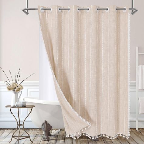 PRICES MAY VARY. Wrinkle Free & Ultra Thick Fabric - 310 GSM cotton line creates a farmhouse-like effect for this cream shower curtain, so that it could keep in place. The quality curtain is elegant and soft, which can deliver a rustic or country-like bathroom environment. Boho Farmhouse Design - The rustic farmhouse shower curtain is elegant looking and adds a special country style to the bathroom. Simple geometric pattern and boho tassel elements is also very eye pleasing, which is suitable fo Curtains With Tassels, Bathroom Decor Beige, Cream Shower Curtains, Bathroom Simple, Neutral Bathroom Decor, Stylish Shower Curtain, Farmhouse Shower Curtain, Wooden Money Boxes, Neutral Bathroom