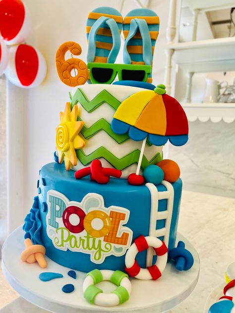 One Year Old Pool Party Theme, Pool Birthday Party Ideas For Boys, Swimming Birthday Party Ideas, Boys Pool Party Ideas, Pool First Birthday Party Boy, 5th Birthday Pool Party Ideas Boy, Pool Party Cake Ideas, Pool Party Cake, Birthday Cake Pool Party