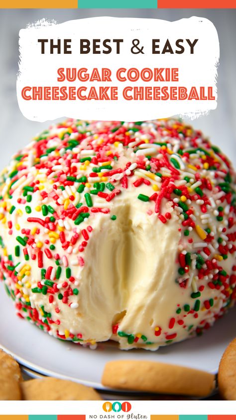 Christmas Dessert Cheeseball, Sugar Cookie Cheese Ball, Gluten Free Cheese Ball, Cheesecake Ball Recipes, Cheese Ball Recipes Dessert, Cheesecake Board Ideas, Cheesecake Charcuterie Board Ideas, Cream Cheese Balls Recipe Desserts, Unique Christmas Baking