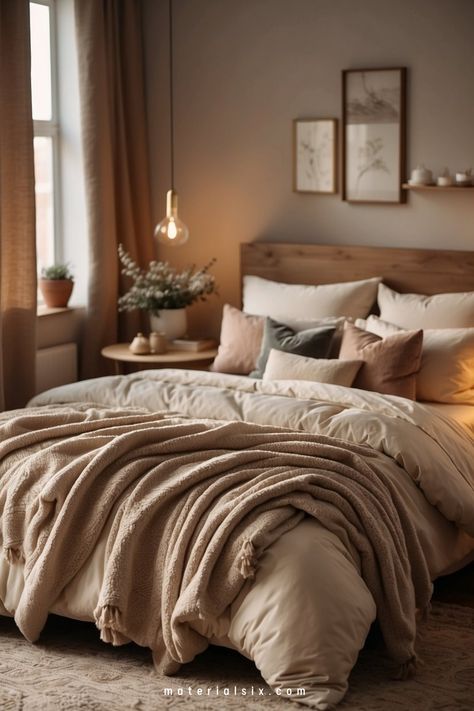 Cozy bedroom with a neatly made bed, beige and white bedding, and soft lighting. Decor includes plants and framed pictures on the wall. Maybe Bedroom Ideas, Cozy Bed Decor Ideas, Cozy Bedroom Rustic, Couples Bedroom Ideas Cozy, Cozy Light Bedroom, Bedding Inspiration Cozy, Bedroom Ideas Neutral Colors, Retreat Bedroom Ideas, Couples Bedroom Ideas Apartments