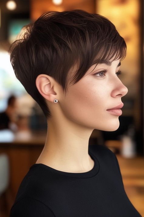 Sleek Tapered Pixie, youthful short haircut, pixie haircuts Short Haircuts Brunette, Pixie Short Hairstyle Women, Short Girl Haircut, Flat Hair Haircuts, Fine Flat Hair Haircuts, Pixie Back View, Short Haircut Pixie, Haircuts Brunette, Short Hair Back View