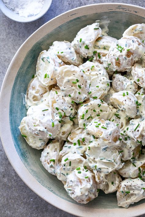 Cream Cheese Potato Salad, Potato Sour Cream Recipes, Sour Cream Potato Salad Recipes, Baked Potato Salad Recipe Sour Cream, Potato Salad With Sour Cream And Mayo, Potato Salad With Cream Cheese, Potatoe Ideas, Picnic Sides, Sour Cream Potato Salad