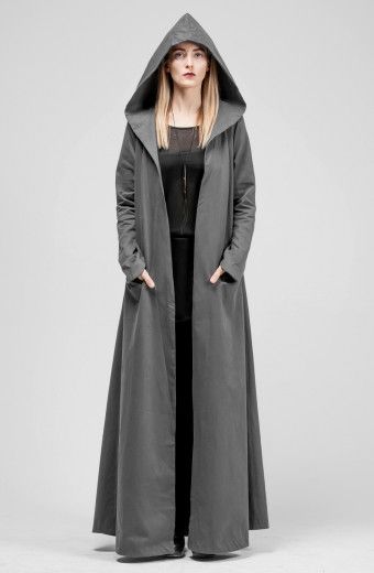 SKOGR JACKET Dramatic hood. Structured shoulders. Long fitted point sleeve. Open front. Asymmetrical pockets. Partially lined. Maxi length. Breathtaking fluidity. - See more at: http://www.sistersoftheblackmoon.com/products-page/shop-sotbm/skogr-jacket/#sthash.RlvehlcP.dpuf Witch Clothing, Mode Abaya, Open Jacket, Grey Style, Witch Outfit, Style Coat, Black Moon, Fashion Victim, Long Jacket