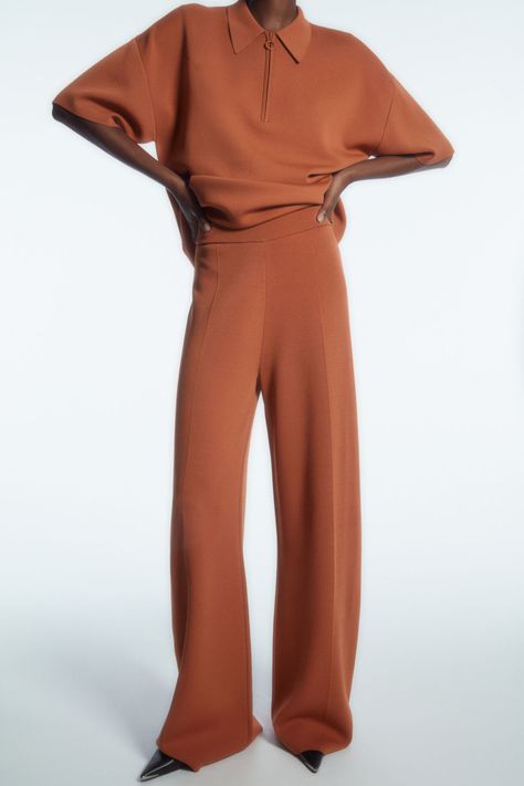 DOUBLE-FACED KNITTED PANTS Knitted Trousers, Knitted Pants, Jersey Pants, Fashion Wishlist, Dark Orange, Rust Orange, Natural Resources, Knitwear Cardigan, Pin Tucks