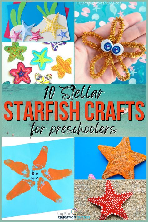 Also known as sea stars, the starfish is a marine animal that can be seen in shallow and deep waters. The starfish is not a fish but resembles the shape of a star. It has many arms and comes in different colors, sizes, and shapes. Here is a list of ten beautiful starfish crafts that go with the ocean theme. Star Fish Craft For Toddlers, Starfish Art Preschool, Star Fish Craft Preschool, Starfish Bulletin Board Ideas, Starfish Craft For Toddlers, Starfish Craft For Kids, Starfish Crafts For Kids, Starfish Craft Ideas, Starfish Craft Preschool