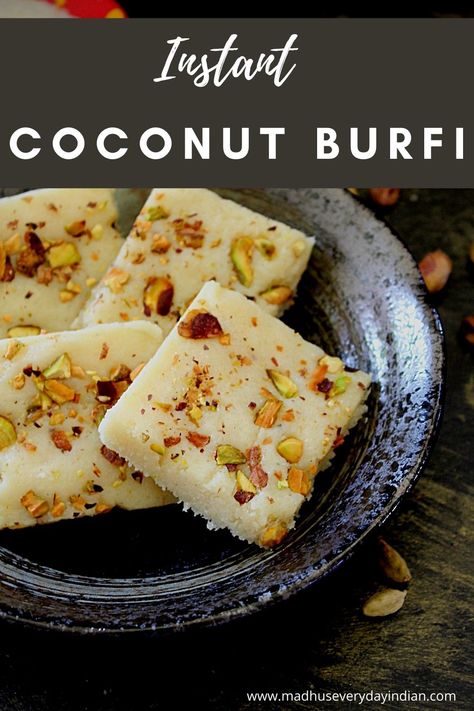 Coconut Burfi Recipe, Coconut Barfi Recipe, Easy Indian Sweet Recipes, Easy Indian Dessert Recipes, Coconut Burfi, Vinayaka Chavithi, Easy Indian Dessert, Ganesha Chaturthi, Diwali Recipes