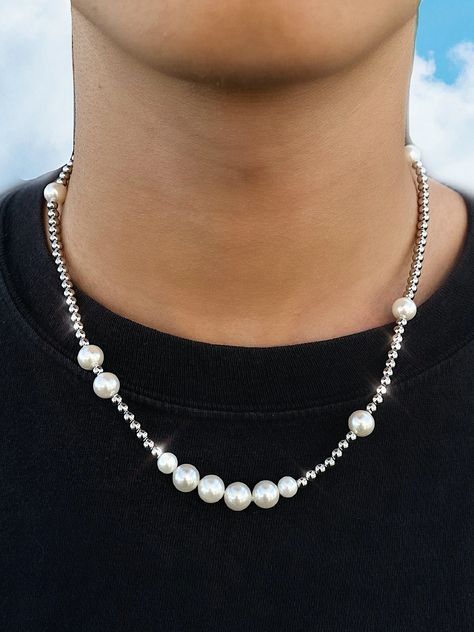 Mens Pearl Necklace, Kalung Manik-manik, Masculine Jewelry, Saint Necklace, Mens Beaded Necklaces, Diy Jewelry Necklace, Pearl Chain Necklace, Pola Gelang, Jewel Necklace