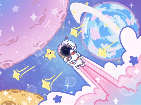 Kawaii Space Art, Cartoon Space Art, Space Cute Art, Space Cute Drawing, Space Cartoon Drawing, Cute Space Drawings, Cute Space Wallpapers, Cute Spaceship, Kawaii Astronaut