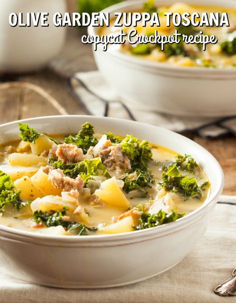 Olive Garden Zuppa Toscana Recipe for the Crockpot Olive Garden Zuppa, Olive Garden Zuppa Toscana, Recipe Copycat, Spinach Tortellini Soup, Zuppa Toscana Soup, Tuscan Soup, Crockpot Soup, Toscana Soup, Italian Sausage Recipes