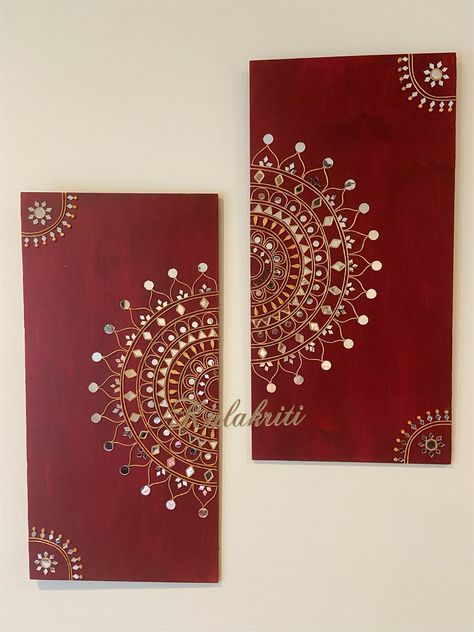 Wall Hanging With Mirror Work, Aipan Art On Canvas, Hand Craft Home Decor, Lippon Art Mirror, Plywood Painting Art Ideas, Lippan Art Diy, Mfd Board Art, Art Work On Walls Ideas, Lippan Art Painting