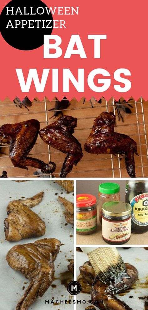 Sticky, sweet and dark as Halloween night, these "Bat Wings" are a festive appetizer for your haunted holiday party! Try a spooky twist on chicken wings with this creepy but delicious recipe. Make them for a crowd or serve them with dinner for a great Halloween food idea! #chickenwings #halloweenrecipe #halloweenfood #halloweenparty #appetizer Halloween Bat Wings Food, Halloween Chicken Bat Wings, Halloween Chicken Wings Ideas, Bat Wings Halloween Food, Halloween Ribs Food, Halloween Chicken Wings, Bat Wings Recipe, Halloween Dinner Ideas Families, Halloween Ribs