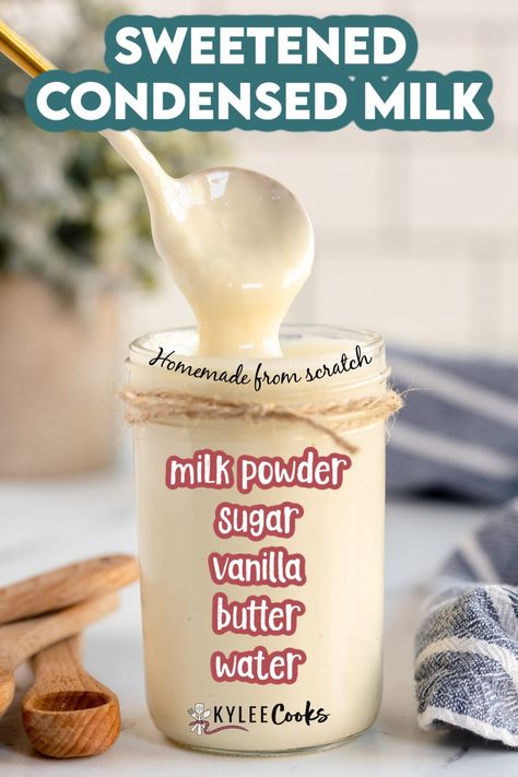 This homemade sweetened condensed milk recipe is creamy, sweet and perfect for use in recipes or stirring into coffee. A pantry staple made from scratch in just 5 minutes using just a few simple ingredients. Sweetened Condensed Milk Homemade, Make Your Own Sweetened Condensed Milk, Homemade Sweetened Condensed Milk Recipe With Powdered Milk, Sweetened Condensed Milk Uses, How To Make Powdered Milk, Sweeten Condensed Milk Recipe, Home Made Condensed Milk Recipes, Recipes Using Powdered Milk, Dry Milk Powder Recipes