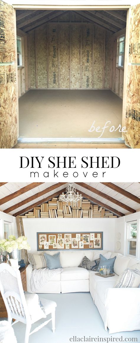 A DIY She Shed retreat with lots of cottage vintage charm by Ella Claire She Shed Makeover, Shed Conversion Ideas, Diy She Shed, Shed Makeover, Shed Office, Backyard Shed, She Sheds, Diy Shed, Building A Shed